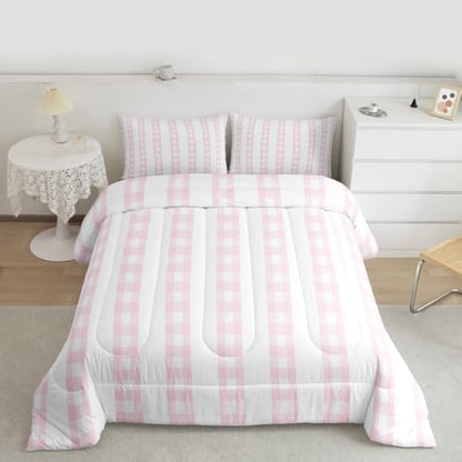 jejeloiu Pink Plaid Comforter Set King Size Stripes Bedding Set for Kids Boys Girls Check Checkered Duvet Quilt Grid Geometric Bedroom Decor Microfiber 3 Pcs with 2 Pillow Cases
