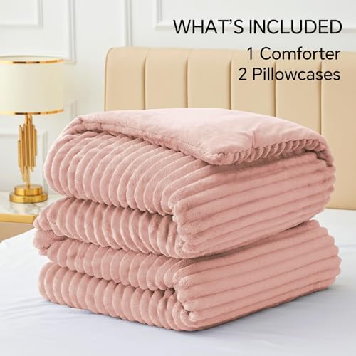 BEDELITE Fleece Oversized Queen Comforter Set, Fluffy Bed Set, Dusty Pink
