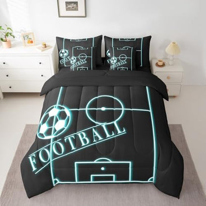 Sports Bedding King Size 7-Piece for Boys Football Comforter Set, Soccer Game Bedding Comforter Sets Black Teal Bed in a Bag, Neon Blue Football Field Bedding Accessories (Black Reversible)