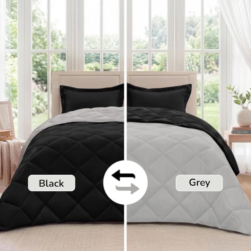 downluxe Full Comforter Set Soft Reversible 3 Pieces, Black/Grey