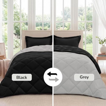 downluxe Twin Comforter Set Soft Reversible 2 Pieces, Black/Grey
