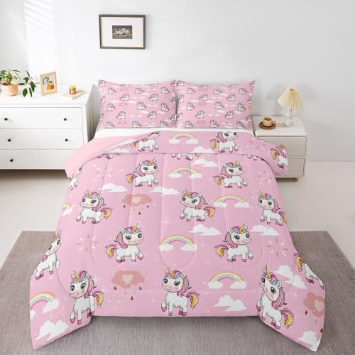 Homewish Cute Unicorn Bedding Set Cartoon Rainbow Comforter Set for Kids Boys Lovely Horse Comforter Kawaii Theme Quilt Set 1 Comforter Set with 1 Pillowcase Toddler Size