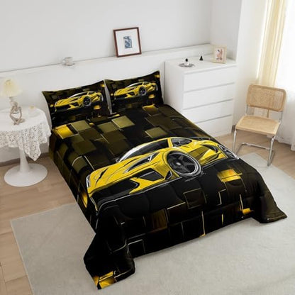 Erosebridal Race Car Bedding Set Toddler Size Yellow Racing Car Comforter Set for Kids Boys Teens 2 Pieces 3D Square Bedding Comforter Sets Speed Sports Car Geometric Down Comforter