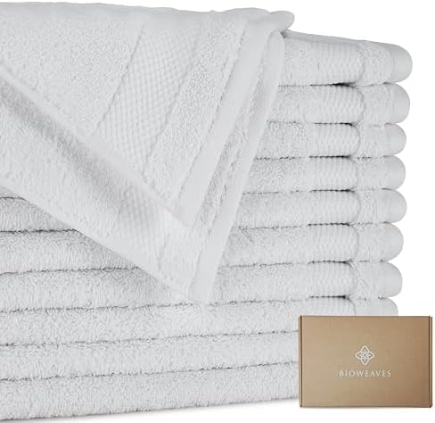 BIOWEAVES 100% Organic Cotton 700 GSM Plush Washcloths 13" x 13" GOTS Certified - White, Pack of 12