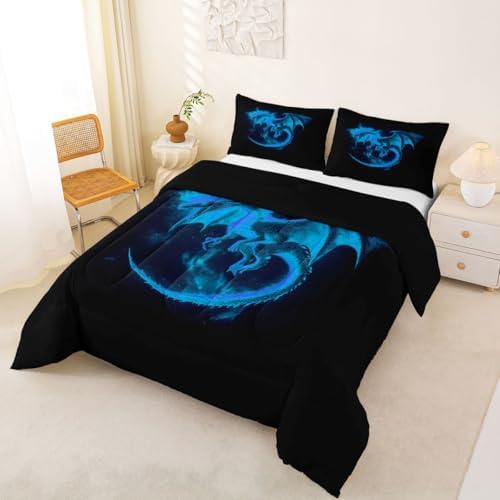 Feelyou Dragon Comforter Set Queen Size Jungle Dragon Bedding Set for Kids Boys Girls Magical Beast Duvet Quilt Wild Animal Bedroom Decor Fantasy Animal Microfiber 3 Pcs with 2 Pillow Cases