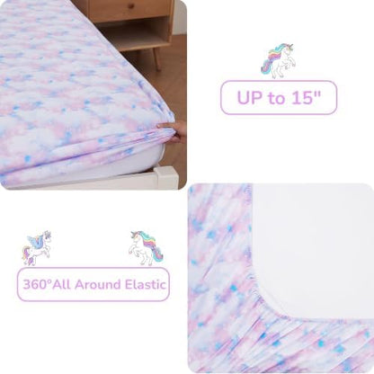 Viviland Kids Bedding Set Twin Size Comforter Sets, Bed in Rainbow Unicorn Cover Set for Children