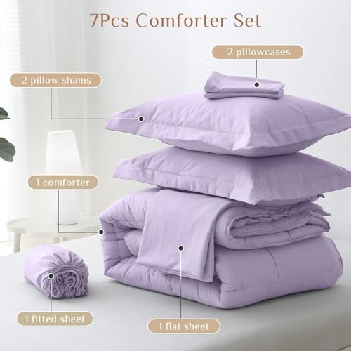 JOLLYVOGUE California King Comforter Set, Ultra-Soft Bed in a Bag Cal King Size 7 Pieces, Oeko-TEX Certified Bedding Set with Down Alternative Comforter, Sheets, Pillowcases & Shams, Lavender
