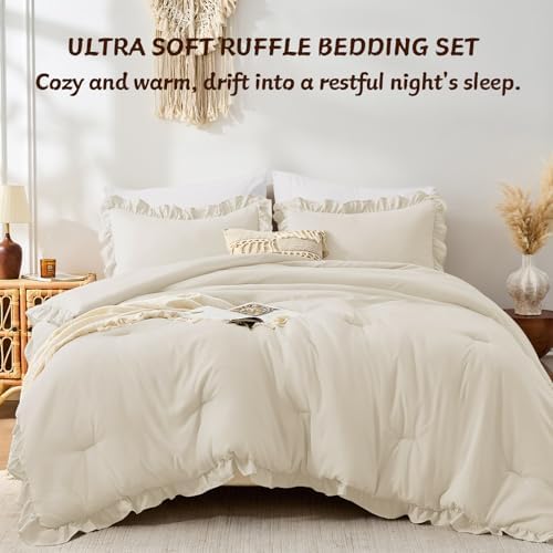FUANNA King Size Comforter Set, Ruffle Bedding, 3 PCS Bed Set, Cream White