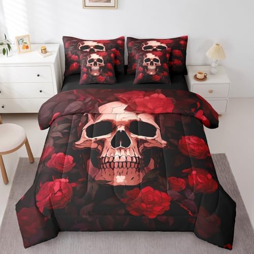 Erosebridal 7Pcs Rose Skull Comforter Set Full Size,Vintage Rose Skull Anchor Bedding Set,Halloween Goth Bed in A Bag,Black Red Death Romance Sheet Set with Comforter