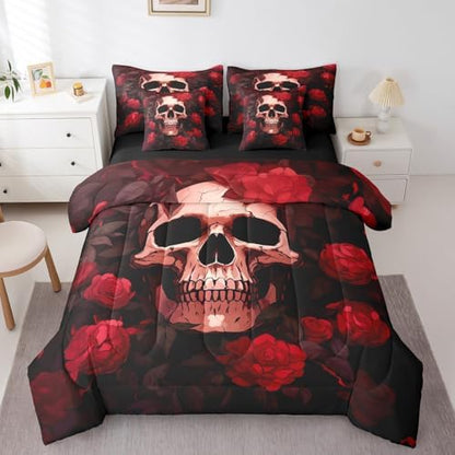 Erosebridal 7Pcs Rose Skull Comforter Set Full Size,Vintage Rose Skull Anchor Bedding Set,Halloween Goth Bed in A Bag,Black Red Death Romance Sheet Set with Comforter