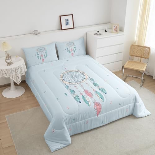 Homewish Dreamcatcher Full Size Comforter Set,Blue Pink Feather Bedding Set for Adults Teens,Children Bohemian Style Comforter Luxury Tribe Exotic Quilt Set Room Decor 3Pcs