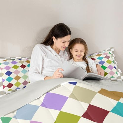 Checkered Geometric Comforter Set Twin Size Blue Green Pink Beige Brown Plaid Bedding Set for Kids Boys Girls Checkerboard Modern Aesthetic Duvet Quilt Reversible Grey Decor 2 Pcs with 1 Pillow Cases