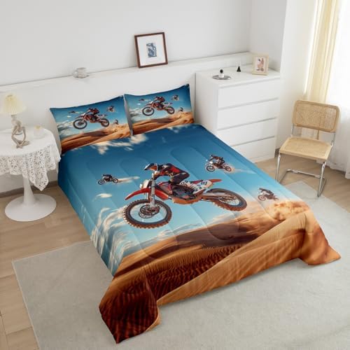 Feelyou Dirt Bike Comforter Set Toddler Size Racing Themed Bedding Set Ultra Soft Racing Motocross Rider Comforter for Kids Boys Girls Extreme Sports Duvet Quilt Bedroom Decor Motorbike Quilt