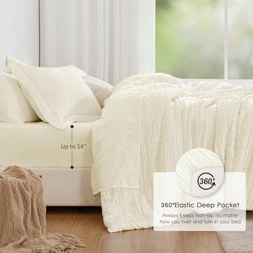 Love's cabin Seersucker Ivory King Size Comforter Set