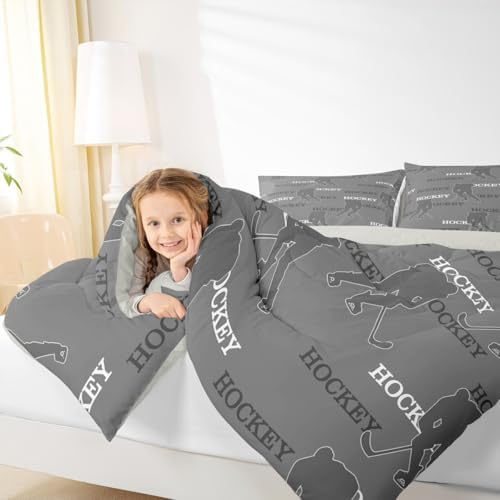Manfei Hockey Players Kids Comforter Set Queen Size, Bedding Set,Girls Boys Room Decor,Ball Activity Game Quilt Comforter,Gray Duvet Set Bedroom Quilt Set,2 Pillowcases
