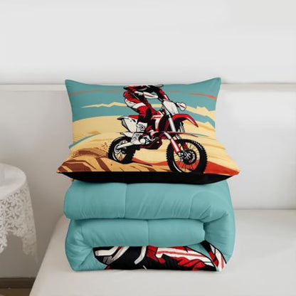 Feelyou Desert Dirt Bike Comforter Set Motocross Rider Bedding Set with 1 Pillow Cases Checkered Flag Twin Off-Road Racing Design Room Decor Outdoor Sports Duvet Quilt Breathable Soft Lightweight