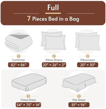 Full Comforter Set with Sheets - 7 Pieces Bed in a Bag Brown Bedding Sets