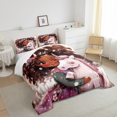 Manfei Girly Cartoon Kids Comforter Set Queen Size, Black Little Girl Unicorn Bedding Set for Girls Adult, Princess Unicorn Down Comforter, Cute African Style Americans Quilt Set, 2 Pillowcases