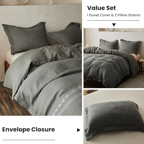 Simple&Opulence 100% Linen Duvet Cover Set with Crossed Embroidery Washed - 3 Pieces (1 Duvet Cover with 2 Pillow Shams) Soft Breathable Farmhouse - Cushing Green, Queen Size