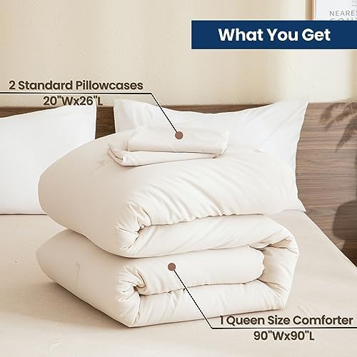 Paxrac Beige Comforter Set Queen Size, Cream 3 Pieces Comforter Set, Lightweight Solid Neutral Bedding Set, All Seasons Soft Breathable Boho Queen Comforter Set (90x90In Comforter & 2 Pillowcases)