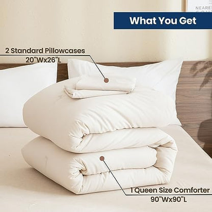 Paxrac Beige Comforter Set Queen Size, Cream 3 Pieces Comforter Set, Lightweight Solid Neutral Bedding Set, All Seasons Soft Breathable Boho Queen Comforter Set (90x90In Comforter & 2 Pillowcases)