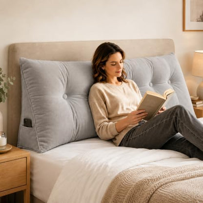 Queen Triangular Wedge Headboard Pillow, Soft Cotton Backrest Support Pillow for Reading Sitting Working, Daybed Pillows Bed Dorm Sofa Rest Cushion for Headboard, Grey