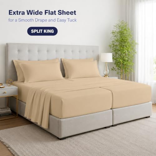 Kickoff Viscose Bamboo Sheets Split King Size 5-pc 100% Organic Bamboo Viscose Bed Cooling Sheets Split King Size Set Cool Bedding for hot Sleepers Sheet Set - Gift Ready Packaging (Sand, SK)