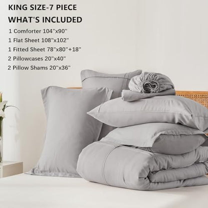 Yogeneg King Size Comforter Set 7 Piece Bed in a Bag,Grid Pinch Pleat Grey Bedding Set,Striped Textured Soft Microfiber Comforter with Sheet Set,All Season Complete Bed Set(Grey,King)