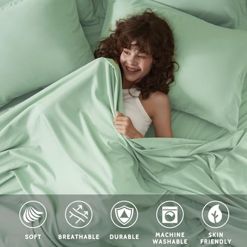 Full Size Bed Sheets - 6 Piece Soft Microfiber and Wrinkle Free Sheets - Easy Care, Extra Soft, Cooling Sheets - 1 Deep Pocket Fitted Sheet 1 Flat Sheet and 4 Pillowcases (Full Sage Green)