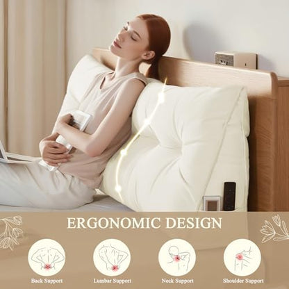 DANGHOOGY Headboard Pillow King, Large Triangular Wedge Headboard Pillow for Reading and Resting, Backrest Positioning Support Pillow with Removable Cover (Cream)