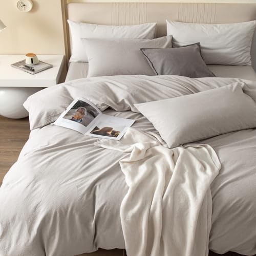 JIYUAN Queen Washed Cotton Duvet Cover Set, 3-Piece, Relaxed Linen Feel