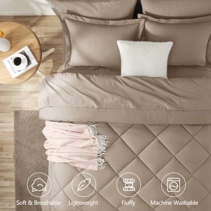 CozyLux Full Comforter Set 82"x86" Khaki - 7 Piece Bed in a Bag