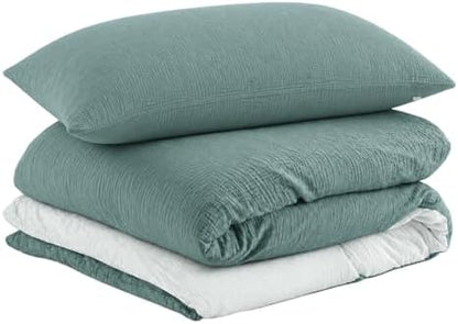 EMME Muslin Cotton Duvet Cover Set Linen Like Teal&White Twin