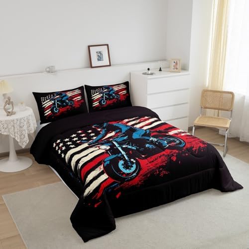 Feelyou Dirt Bike Comforter Set Queen Size Motorbike Bedding Set Ultra Soft Racing Motocross Rider Comforter for Kids Boys Girls Extreme Sports Duvet Quilt Bedroom Decor Racing Themed Quilt