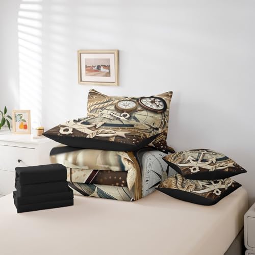 Erosebridal 7Pcs Nautical Compass Comforter Set Queen Size,Vintage Anchor Bedding Set,Retro Navigation Bed in A Bag for Women Men Adults,Coastal Ocean Sheet Set with Comforter