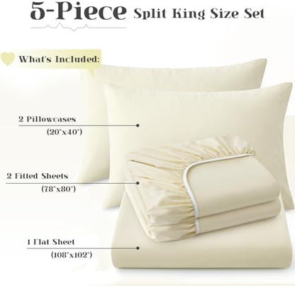 P Pothuiny 5-Piece Split King Sheets Set, Beige Soft Microfiber Fabric