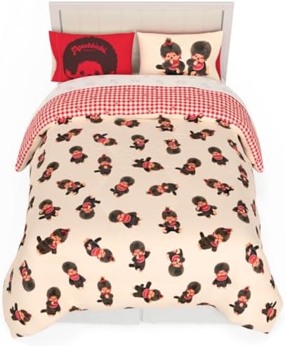 Franco Monchhichi Bedding 7 Piece Queen Bed Set, Soft Cozy Nostalgia Reversible Comforter and Sheet Set with Sham, Officially Licensed Product
