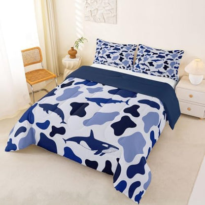 Manfei Sea Animal Camo Comforter Set Queen Size,Sharks and Whales Camouflage Bedding Set 3pcs,Blue Ocean Camo Down Comforter for All Season,Kids Boys Girls Room Decor,2 Pillowcases,No Sheets