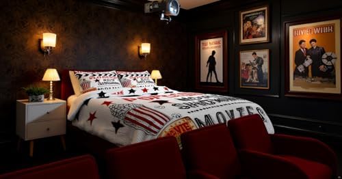 Homewish Movie Theater Comforter Set Queen Size,70's Vintage Cinema Bedding Set 3Pcs for Kids Teens Adult Room Decor,Movie Popcorn Print Down Comforter Retro Red Black Duvet Insert,2 Pillowcases