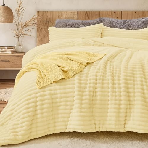 Sasttie Fluffy Cali King Comforter Set, 3 PC Fleece Bedding, Light Yellow
