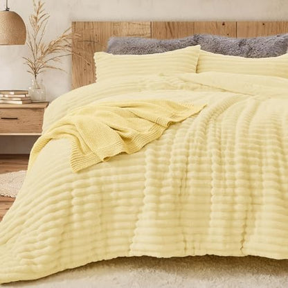 Sasttie Fluffy Cali King Comforter Set, 3 PC Fleece Bedding, Light Yellow