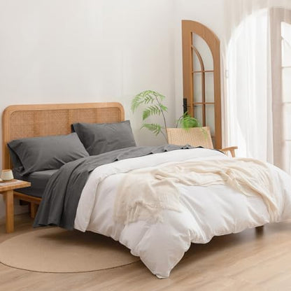 BESTOUCH Queen Washed Cotton Linen Feel Sheet Set 4 Pcs Solid Dark Grey