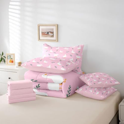 Erosebridal Cute Silly Goose 7-Piece Bed in a Bag Full Girls Cartoon Ducks Bedding Set for Kids Teens Funny Animals Comforter Set with Sheets Pink Farmhouse Floral Soft Decor