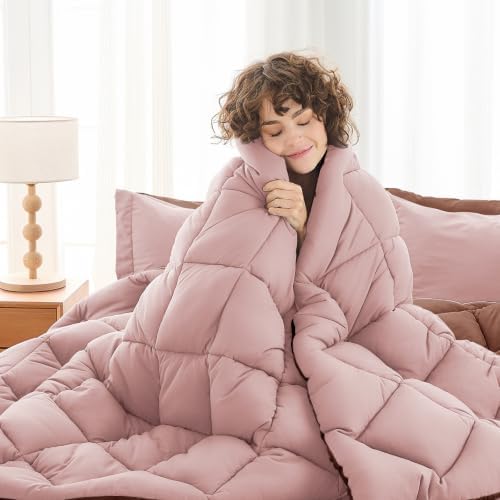 MUXHOMO 5 Pieces Twin Comforter Set, Reversible Bed in a Bag Twin Size, All Season Bedding Set with Comforter, Flat Sheet, Fitted Sheet, Pillowcases & Shams, Rose Gold & Mocha