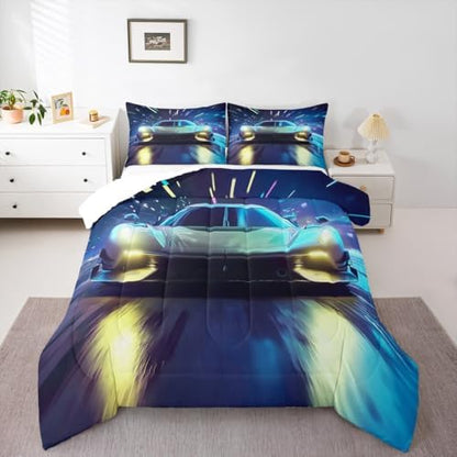 Boys' Race Car Duvet, Cool Sports Car Comforter Set For Men & Women, Extreme Sports Racer Bedding Set Full, Yellow Automobile Quilt Set, 1 Comforter Set With 2 Pillowcases, Lightweight, Blue