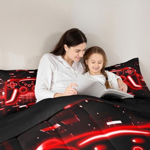 Erosebridal Gamer Comforter Set Gaming Girl Toddler Bedding Set, Neon Lights Game Boy Games Comforter Red Brick Cube Quilt,Gaming Room Decor