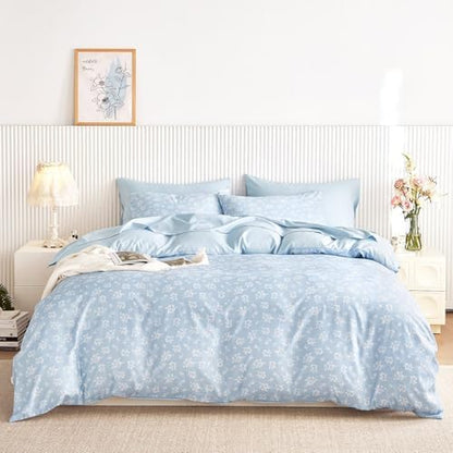 Wake In Cloud - Floral Comforter Set with Sheets, Coquette Cottagecore Aesthetic Flower Shabby Chic Pattern for Women Teen Girls, 7 Pieces Bed in a Bag, Light Blue, Full Size