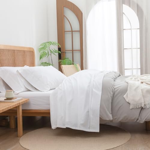 BESTOUCH Twin Washed Cotton Linen Feel Sheet Set, 3pc Solid Bright White
