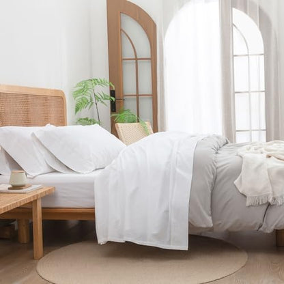 BESTOUCH Twin Washed Cotton Linen Feel Sheet Set, 3pc Solid Bright White
