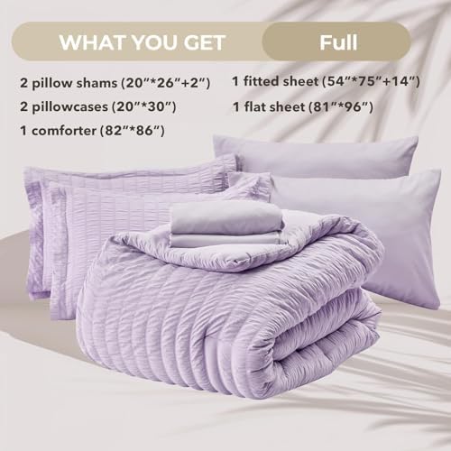 HYMOKEGE Lavender Full Size Comforter Sets Seersucker 7 Pieces, All Season Luxury Bed in a Bag for Bedroom, Bedding Set with Comforters, Sheets, Pillowcases & Shams